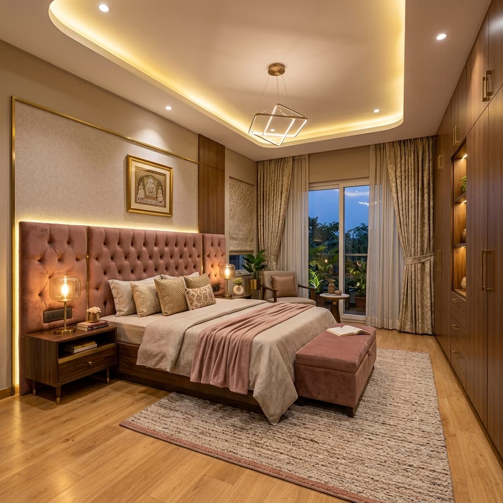 Luxury master bedroom with upholstered headboard