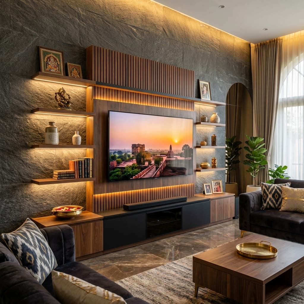 Custom TV unit with stone cladding
