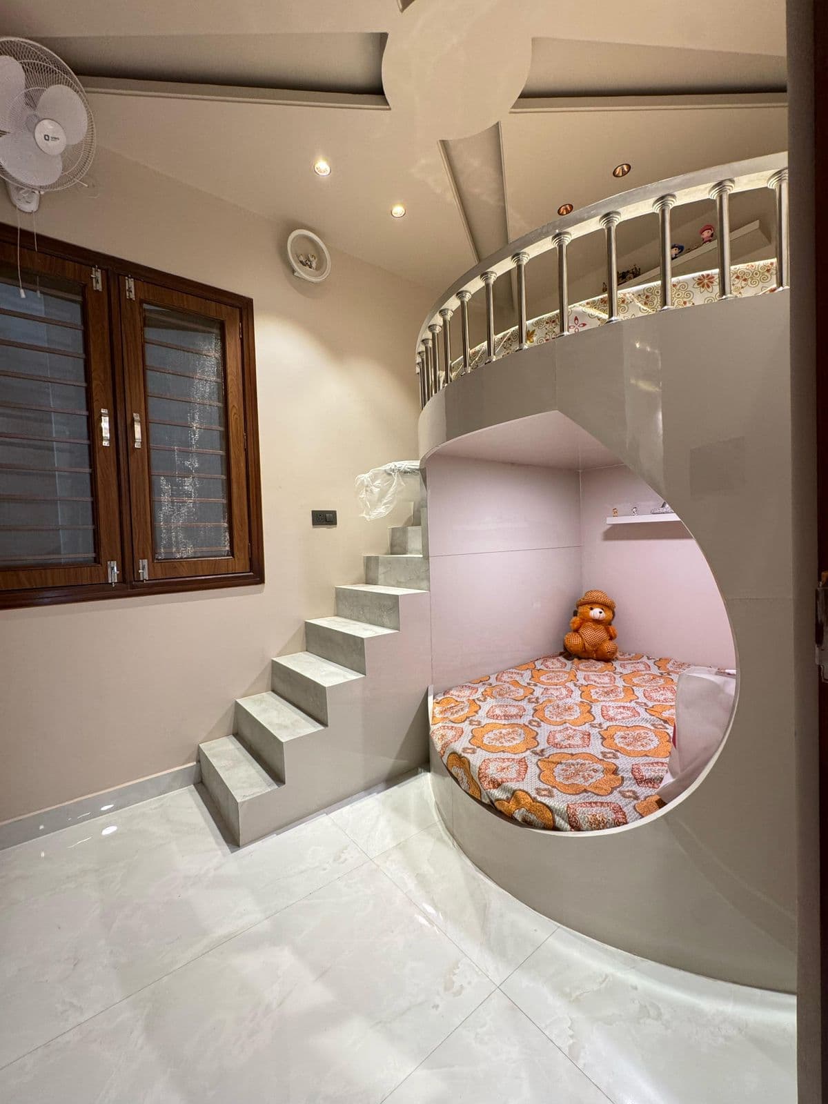 Custom kids bunk bed with staircase & reading nook