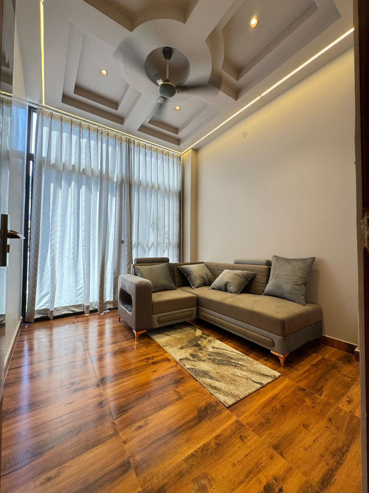 House entrance with wooden door & artificial grass