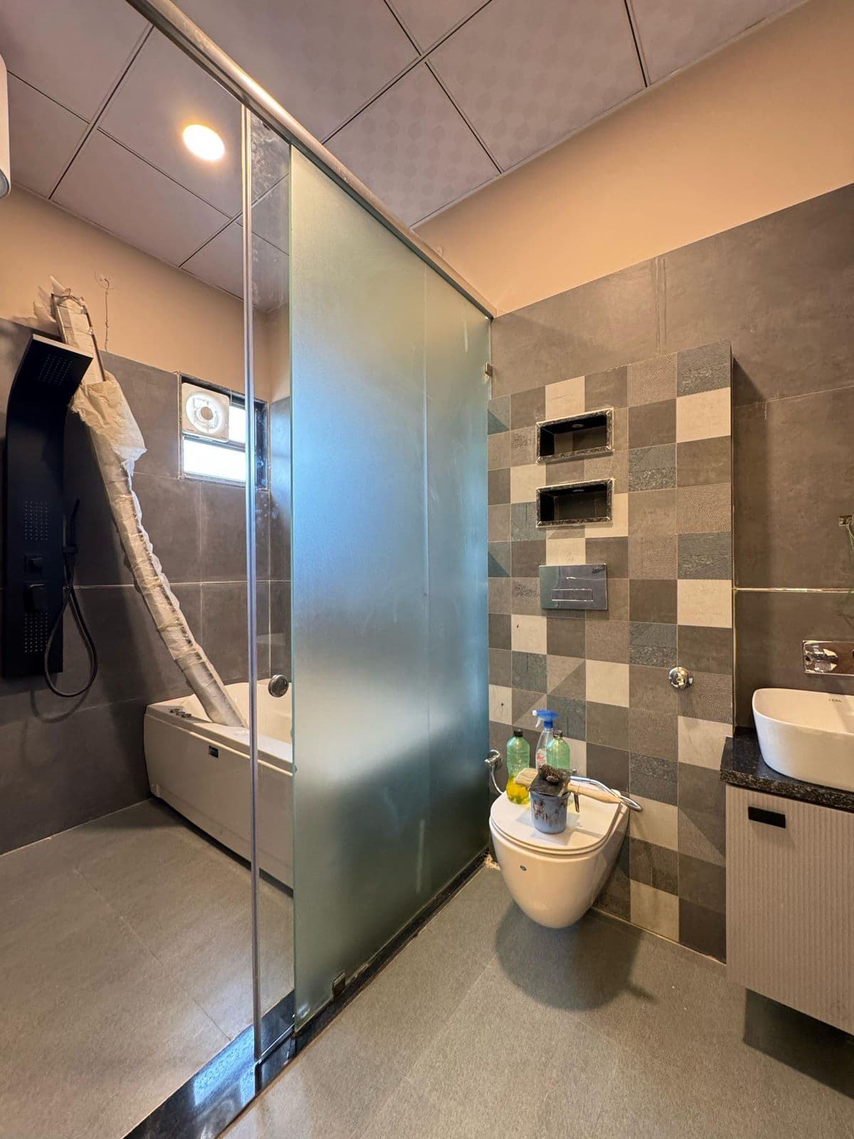 Bathroom glass partition with shower enclosure