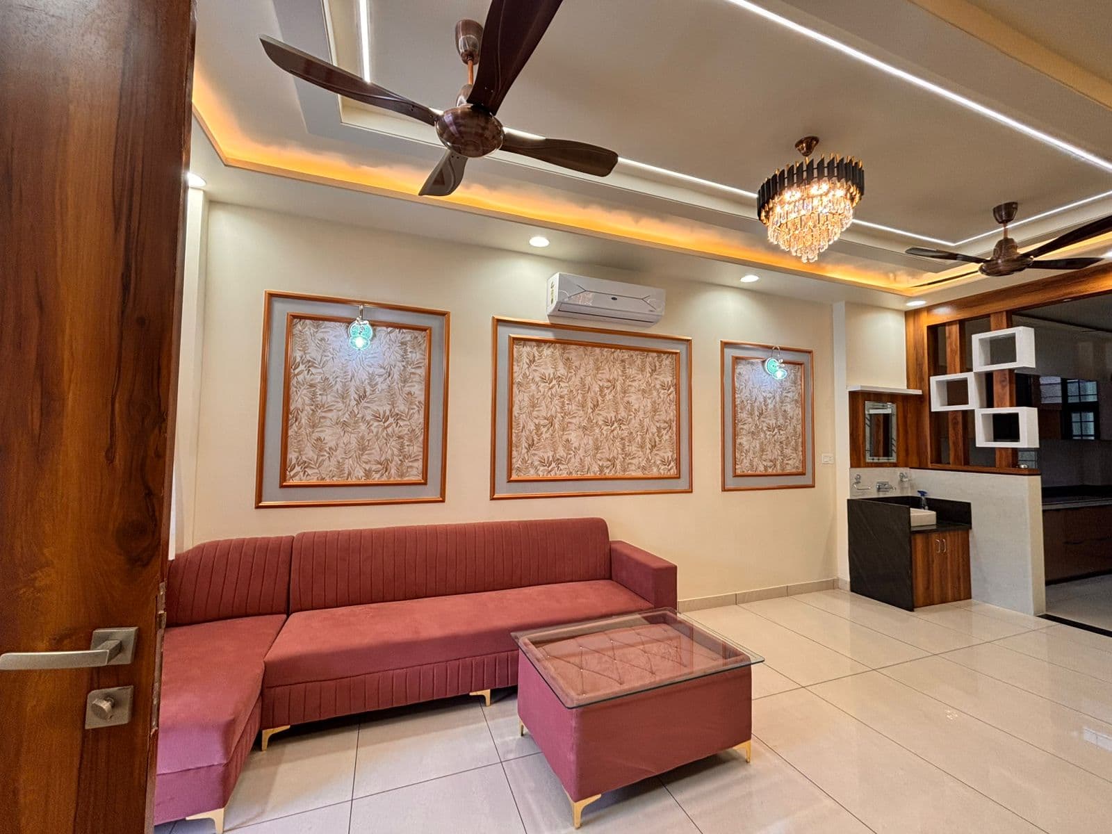 Living room with pooja unit & designer false ceiling