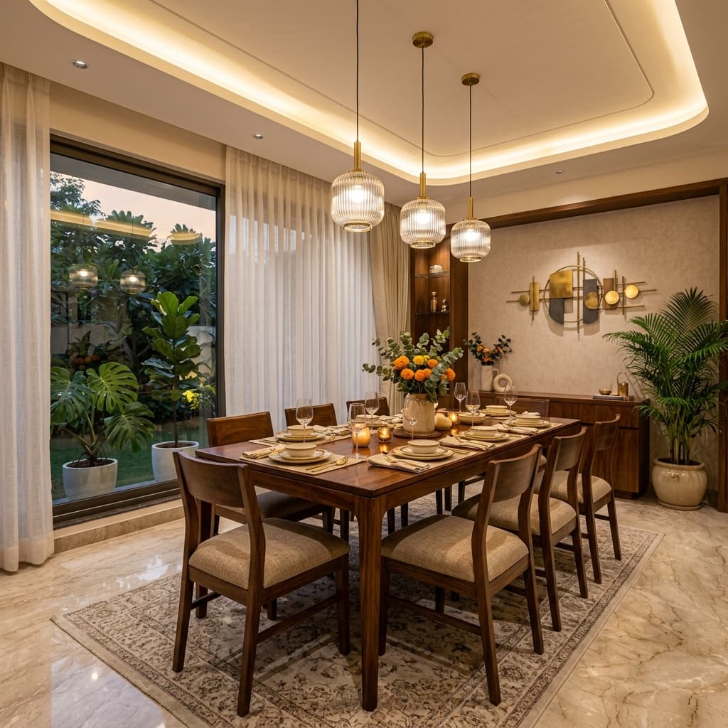 Premium 8-seater dining area with pendant lights & false ceiling