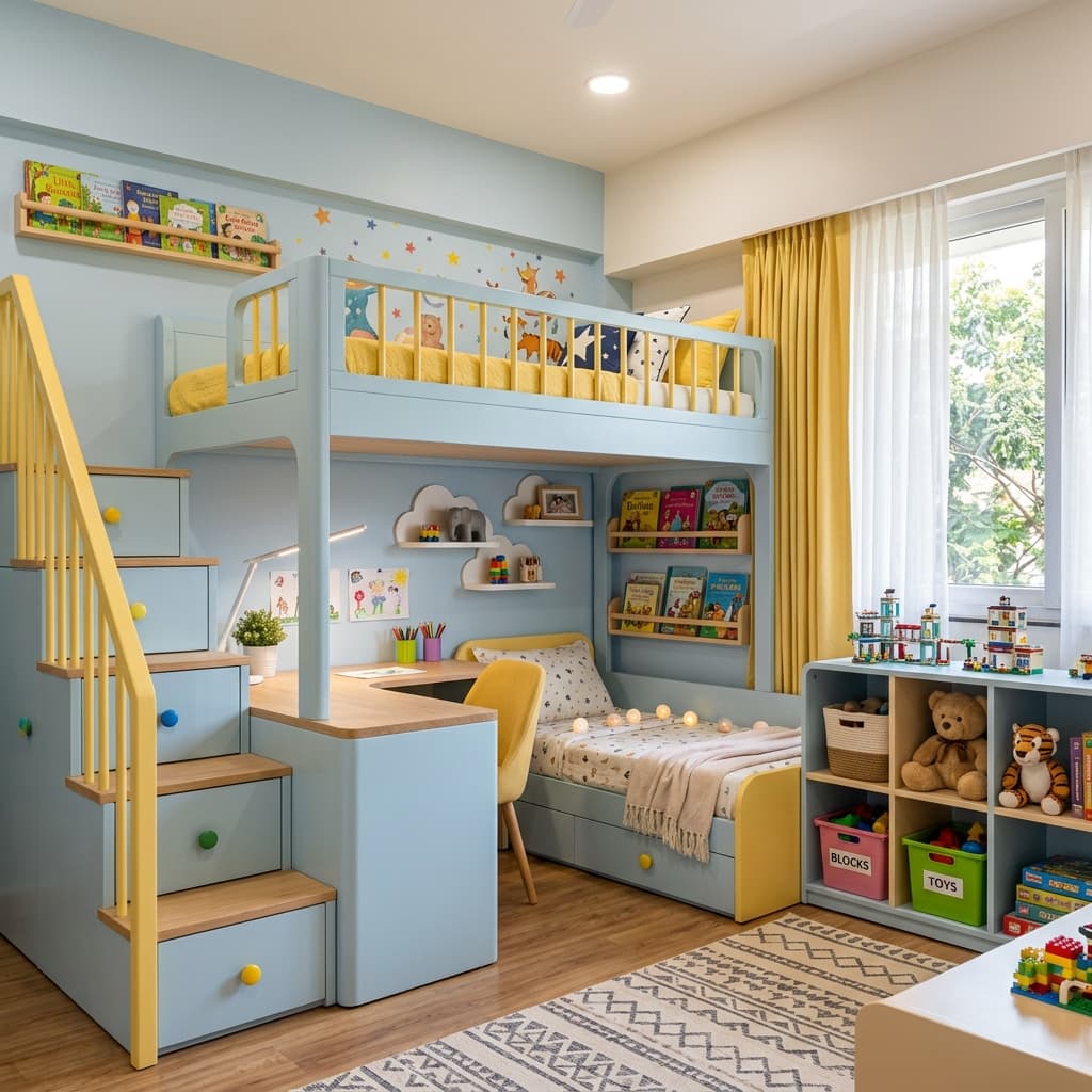 Custom kids bunk bed with study desk & storage stairs